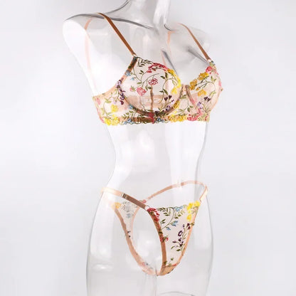 Boho Floral Sheer Lingerie Set: Bra & Panty Duo