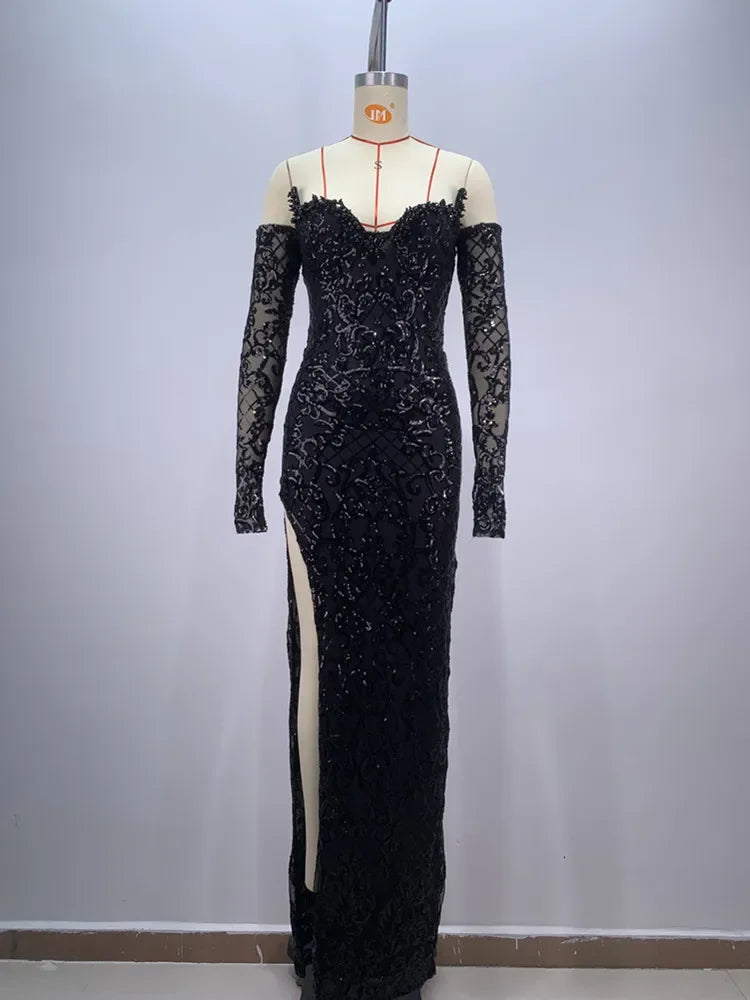 Elegant Black V-Neck Maxi Dress with Gloves & Sequins