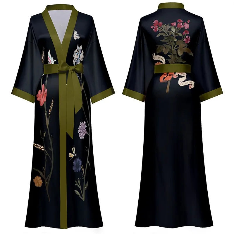 Long Robe Kimono Bathrobe Gown Satin Home Dress