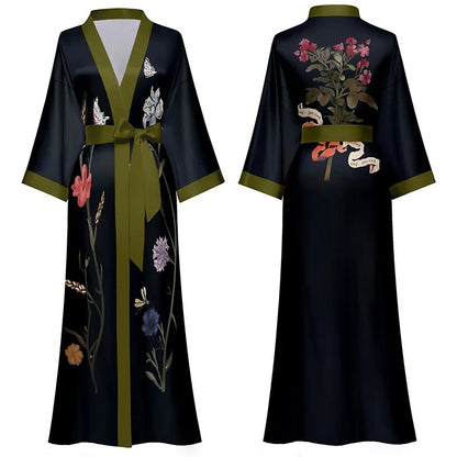 Long Robe Kimono Bathrobe Gown Satin Home Dress