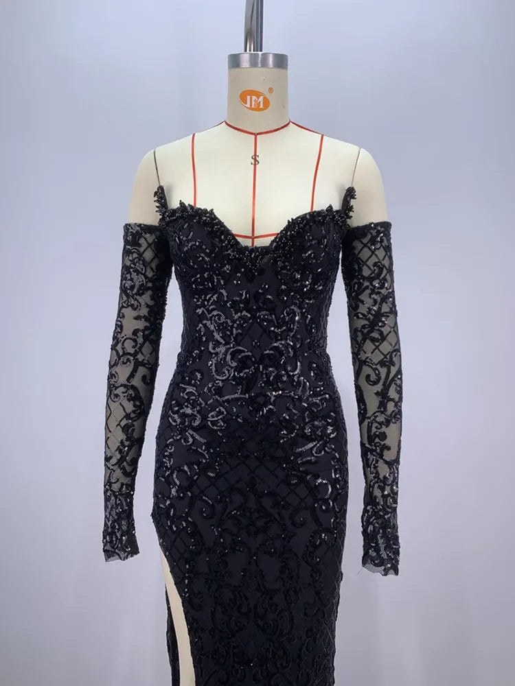 Elegant Black V-Neck Maxi Dress with Gloves & Sequins