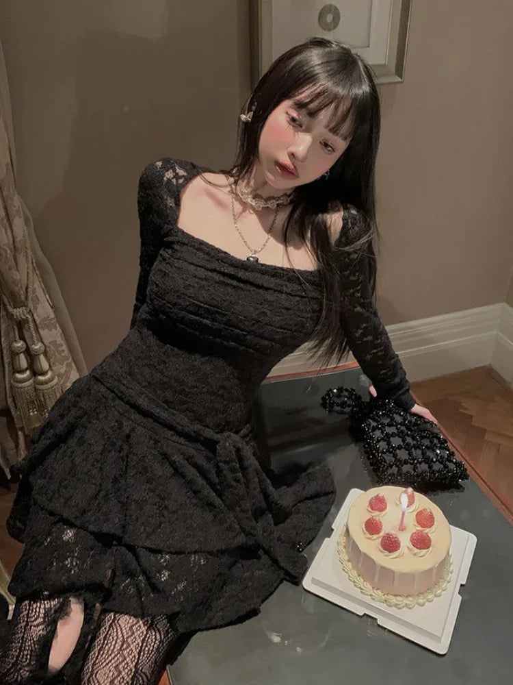 Lace-Inspired Slim-Waist Y2K Tunic Dress