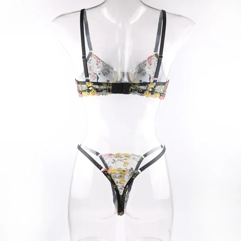 Boho Floral Sheer Lingerie Set: Bra & Panty Duo