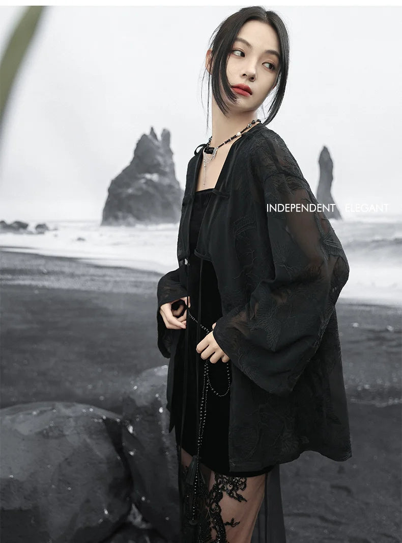 Summer Elegance: Crane Emblem Black Jacket for Women