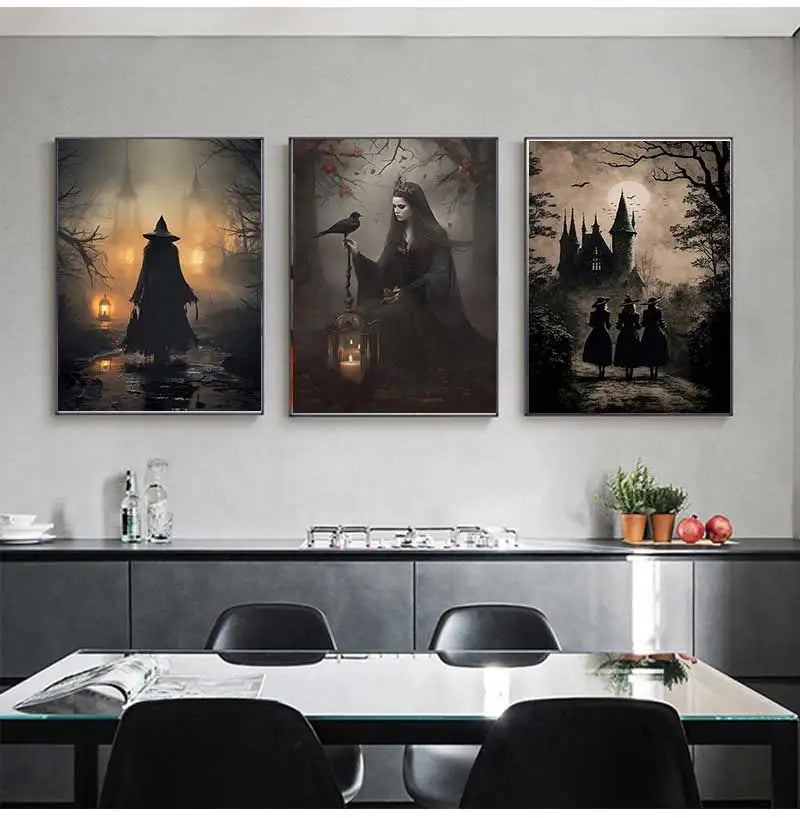 Spooky Retro Wall Art: Witch & Crow Canvas