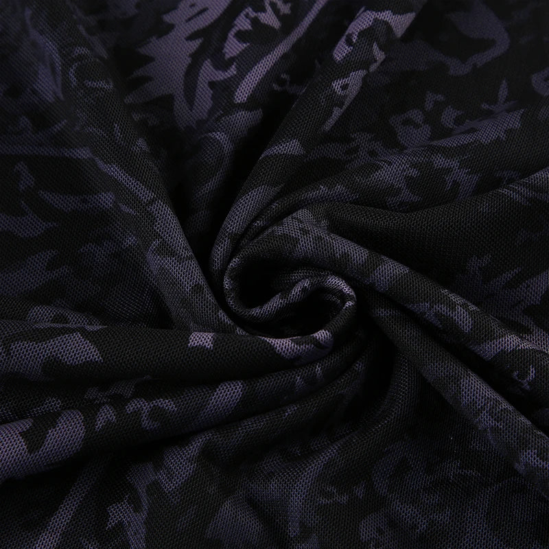 Dark Printed Lace Trim Mesh Dress