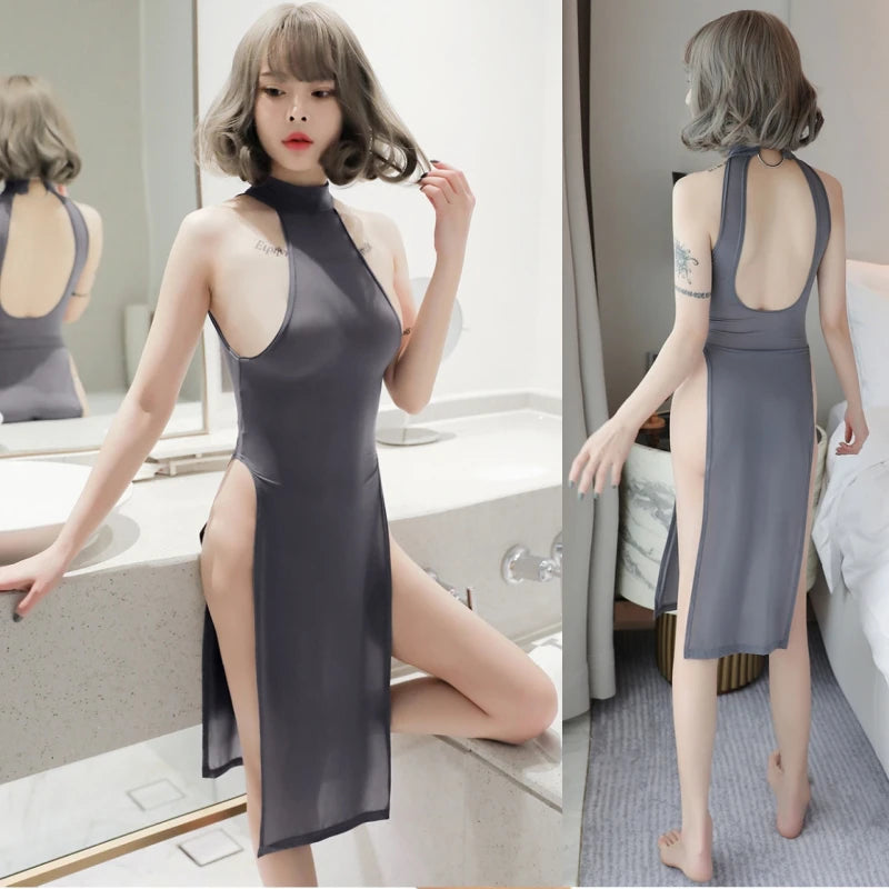 Dazzling Black Halter High-Split Bodycon Dress