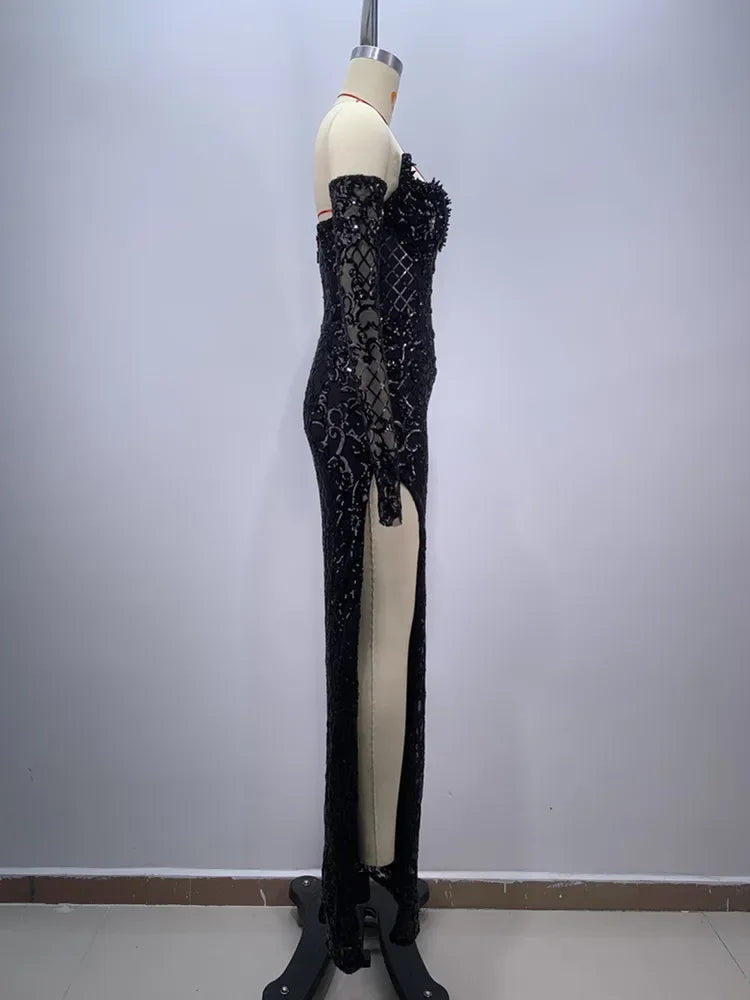 Elegant Black V-Neck Maxi Dress with Gloves & Sequins