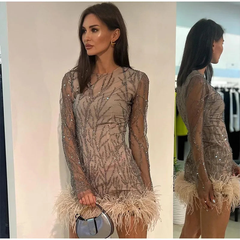 Product Name: Luxe Feather Sequin Mini Dress