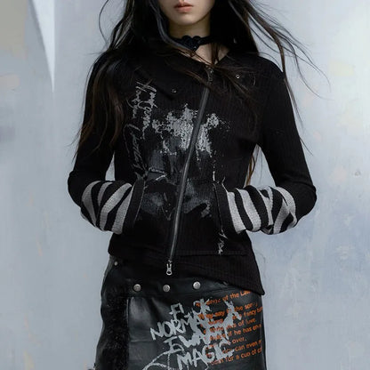 Grunge Graffiti Print Zipper T-shirt Vintage