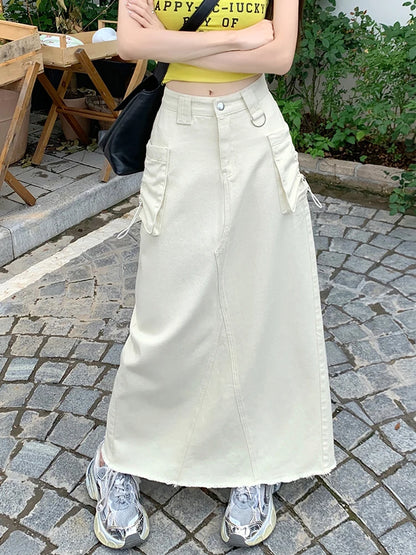 Cargo Denim High Waist Long Jeans Skirt
