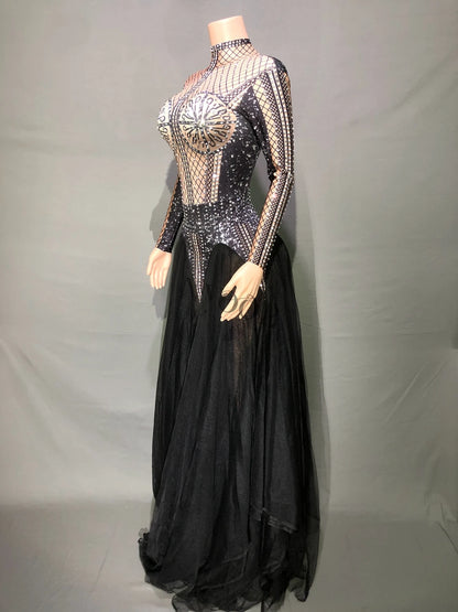 Sparkly Rhinestones Black Mesh Long Dress