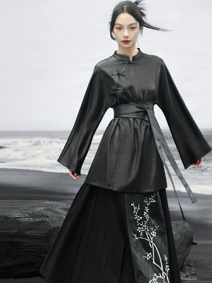 UMI MAO Retro Slant Buckle Black Long Sleeve Blouse