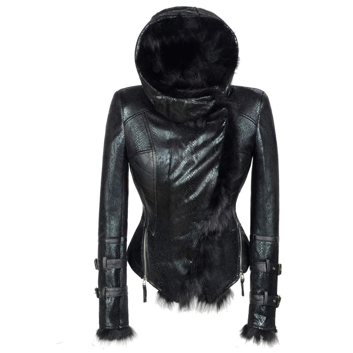 Chic Windproof PU Fleece Hooded Jacket for Women