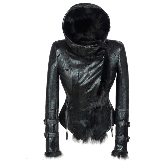 Chic Windproof PU Fleece Hooded Jacket for Women