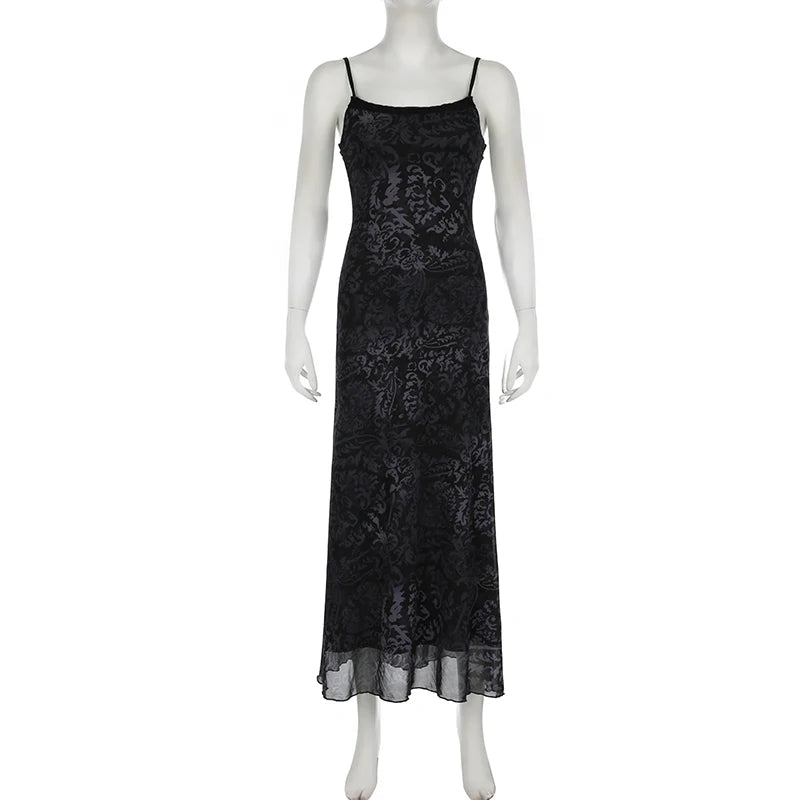 Dark Printed Lace Trim Mesh Dress