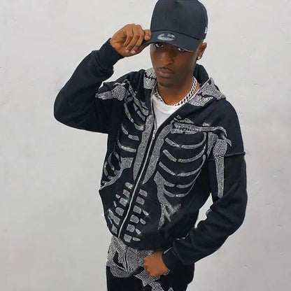 Rhinestone Full Zip Hoodie Skeleton Goth Sweatshirt