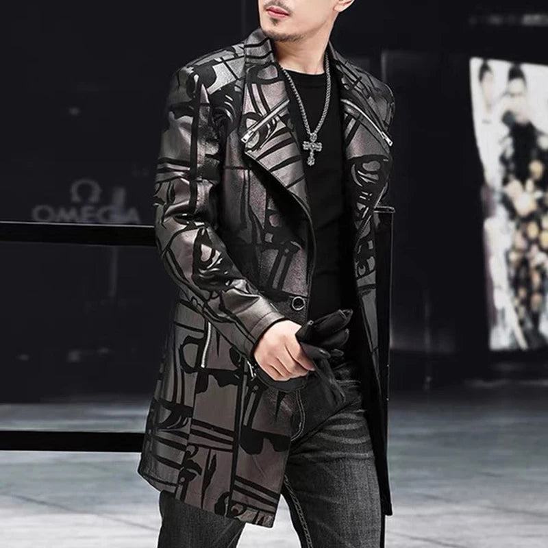 Genuine Leather Jacket Men Mid Length Suit