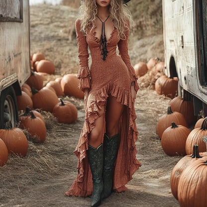 Boho V-Neck Ruffle Maxi Dress for Effortless Style
