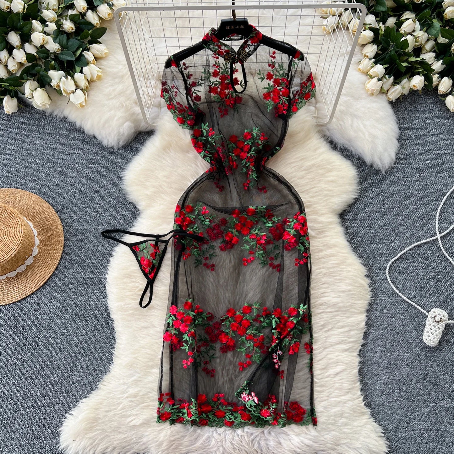 Floral Elegance: Chinese Style Mid-Calf Dress