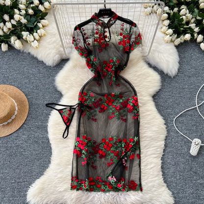 Floral Elegance: Chinese Style Mid-Calf Dress