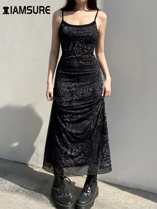 Dark Printed Lace Trim Mesh Dress