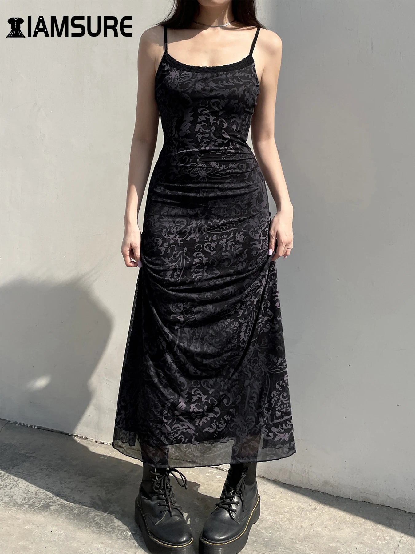 Dark Printed Lace Trim Mesh Dress