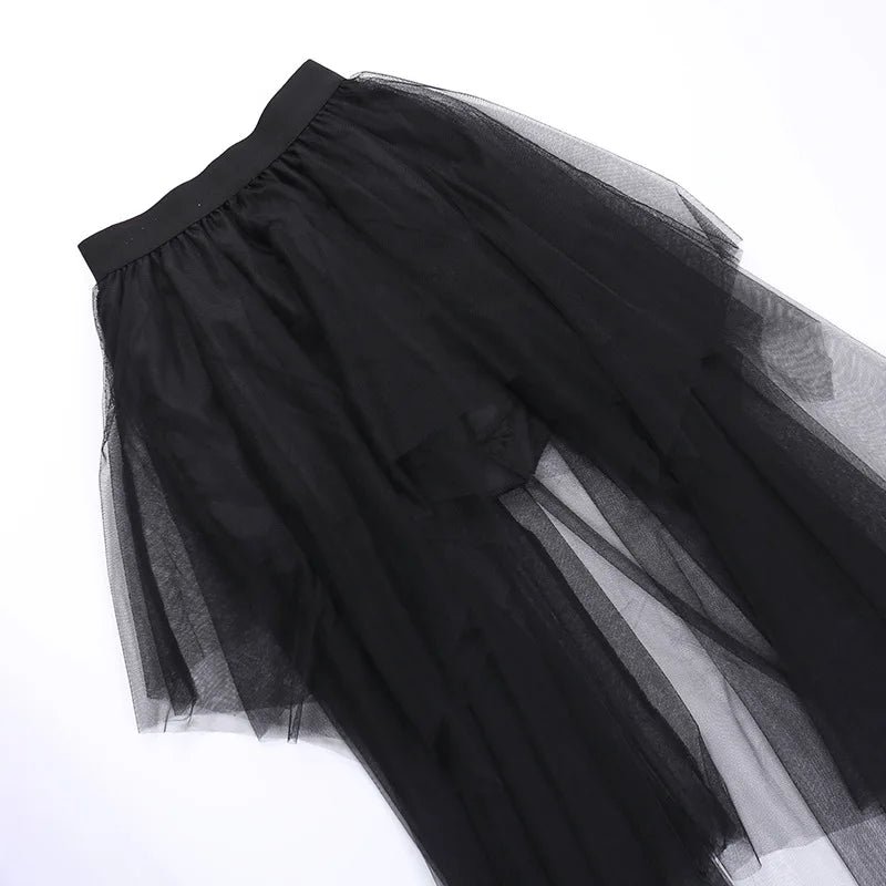 Gothic Mesh High-Waisted Asymmetrical Skirt