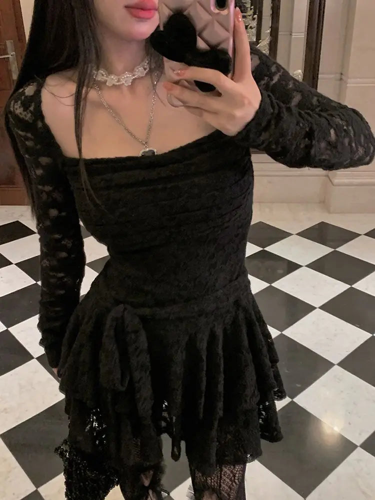 Lace-Inspired Slim-Waist Y2K Tunic Dress