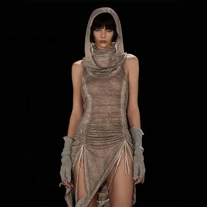 Spring Chic: Pleated Hoodie Dress with High Slit