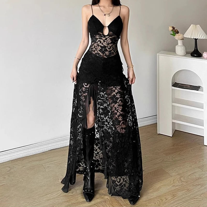 Luxe Lace V-Neck Ruffle Evening Dress