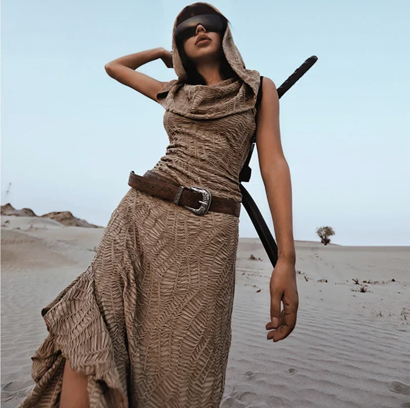Desert Chic: 2-Piece Hooded Dress & Oversleeves Set