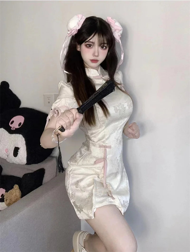 Elegant Tie-Dye Cheongsam Mini Dress