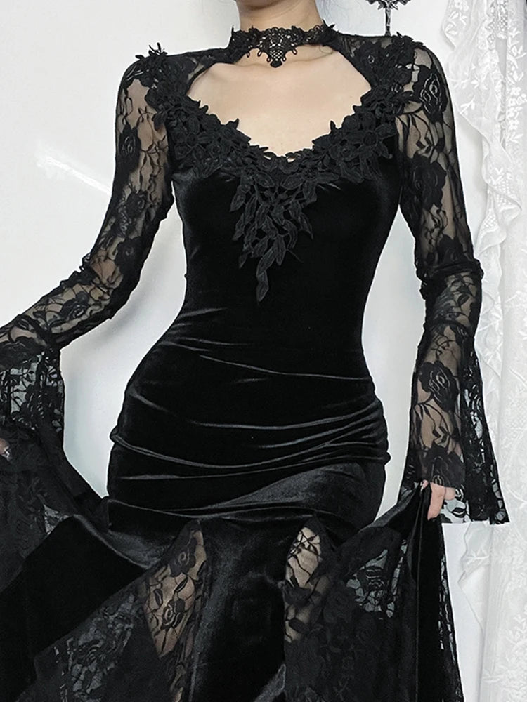 Vintage Lace Flare Gothic Midi Dress for Women