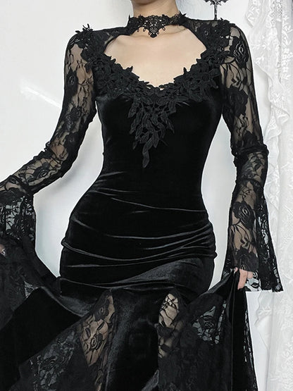 Vintage Lace Flare Gothic Midi Dress for Women