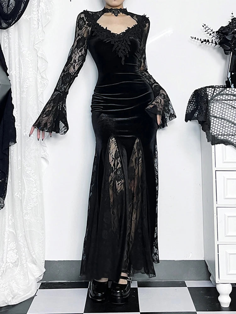 Vintage Lace Flare Gothic Midi Dress for Women