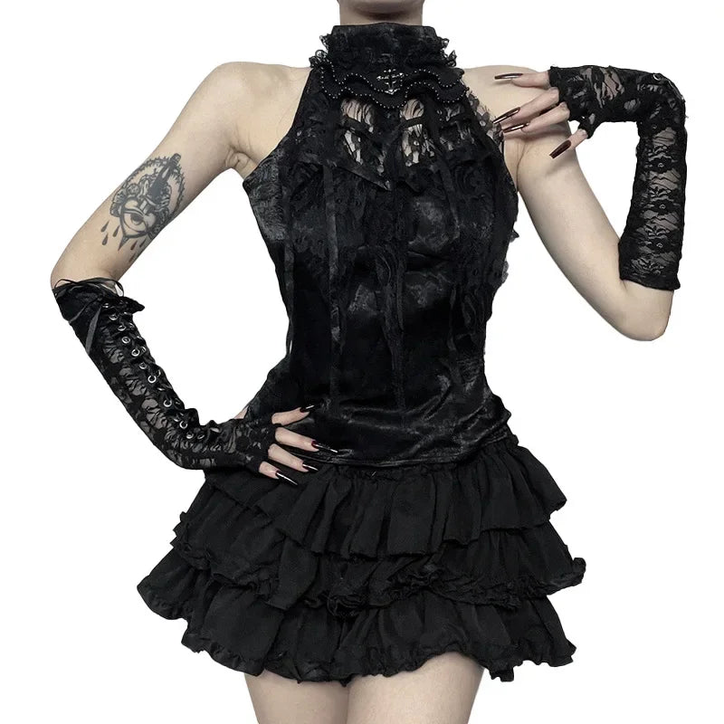 Nostalgic Lace Gothic Crop Tank for Retro Street Style