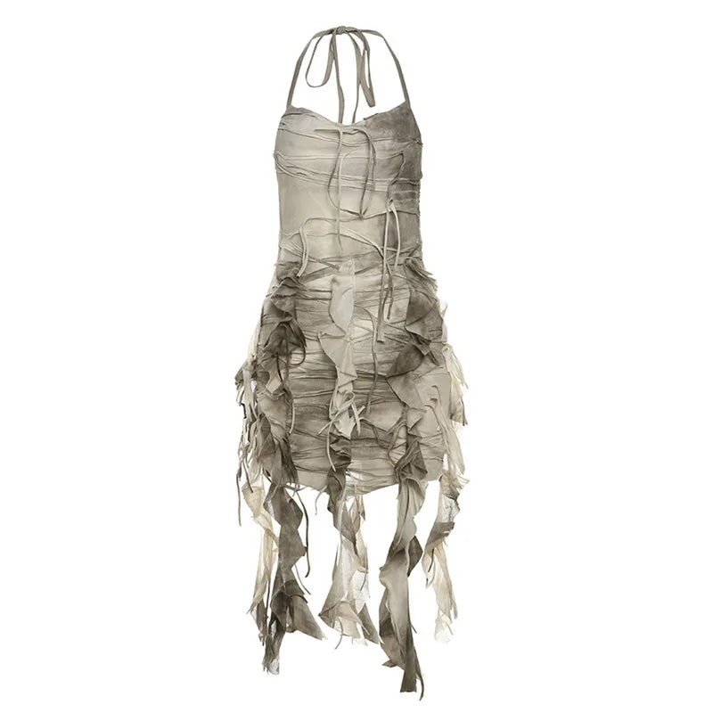 Retro Gradient Summer Halter Dress with Tassels