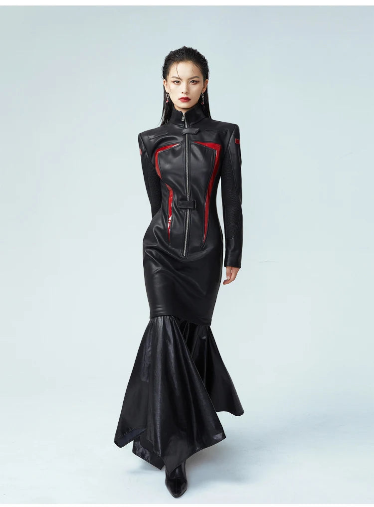 Lautaro Luxe Red & Black Patchwork Maxi Dress