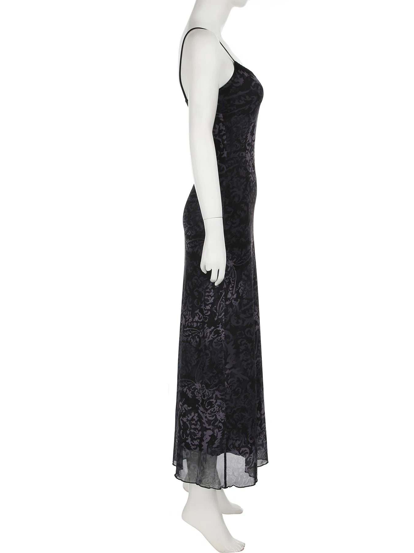 Dark Printed Lace Trim Mesh Dress