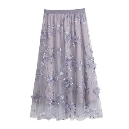 Three-dimensional Floral Decorated Long Mesh Skirts