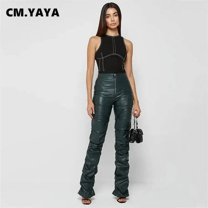 Pleated Faux Leather Skinny Pants for Women