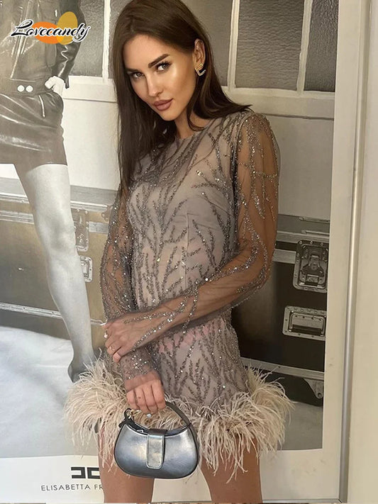Product Name: Luxe Feather Sequin Mini Dress