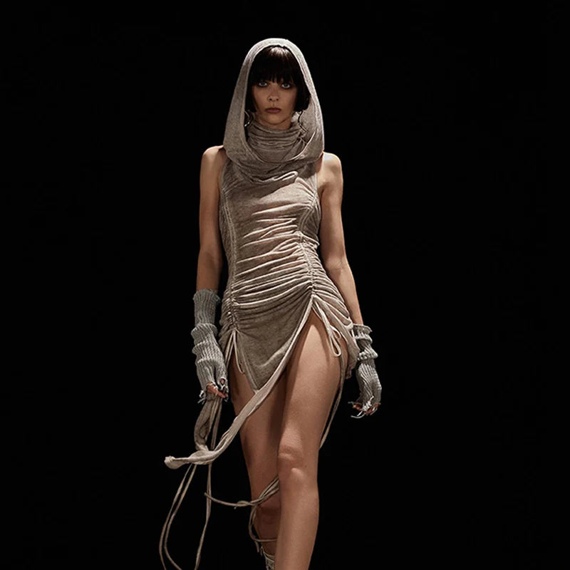 Dusk Charm Hooded Drawstring Dress