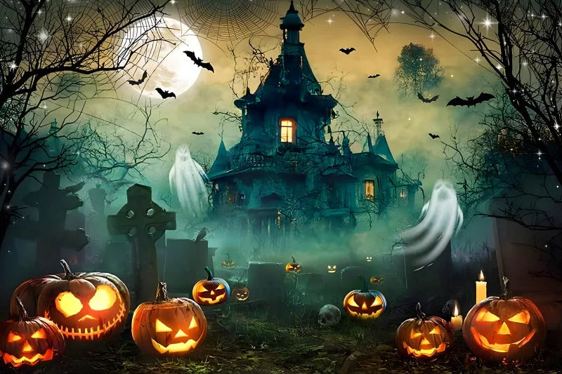 Moonlit Feline: Halloween Bat Castle Backdrop