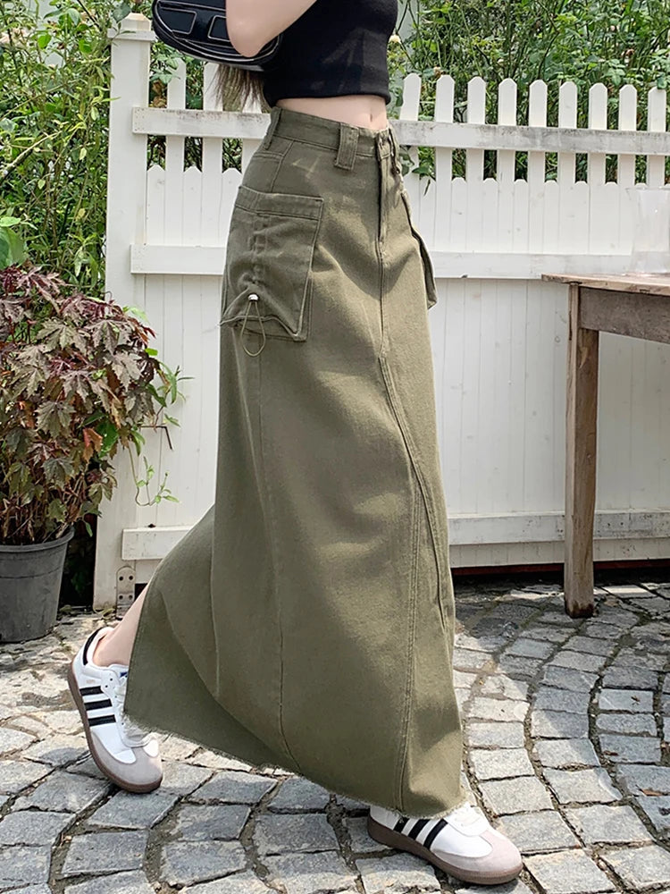 Cargo Denim High Waist Long Jeans Skirt