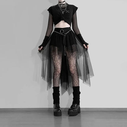 Gothic Mesh High-Waisted Asymmetrical Skirt