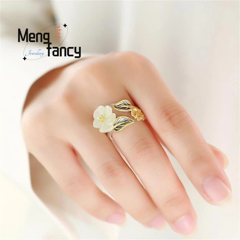 Jade Blossom Silver Eternity Adjustable Ring