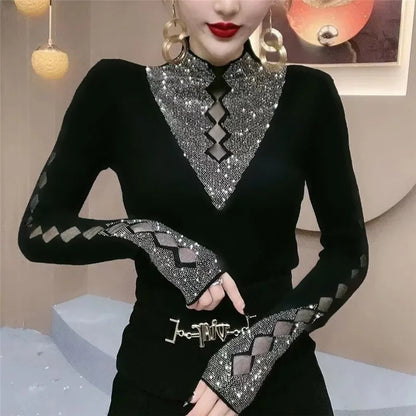 Glimmering Turtleneck Slim Tee for Stylish Women