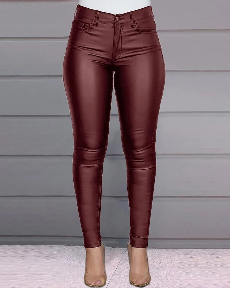 Solid Buttoned Casual Coated PU Pants
